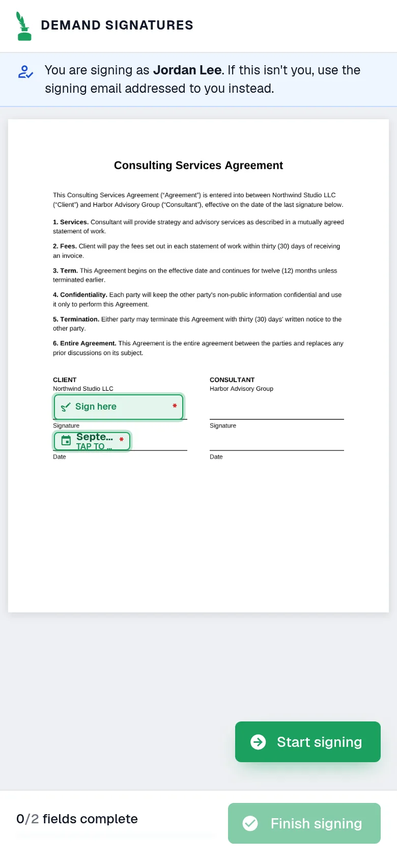 Signing page on a phone showing the sample agreement and a signature field