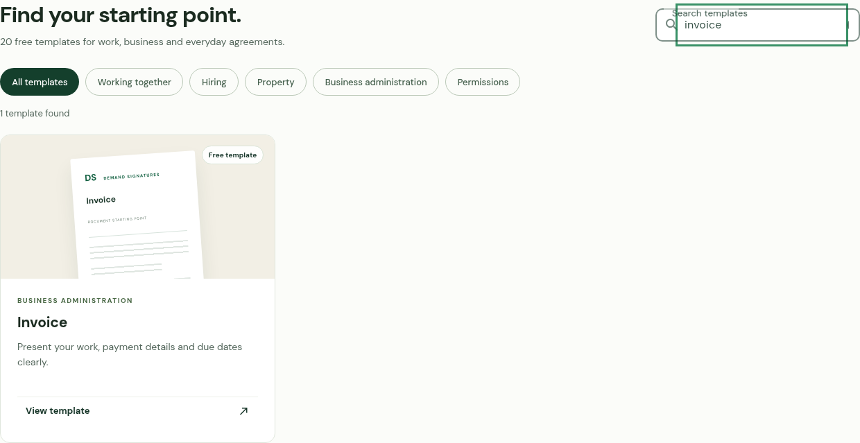 Invoice search result and View template link